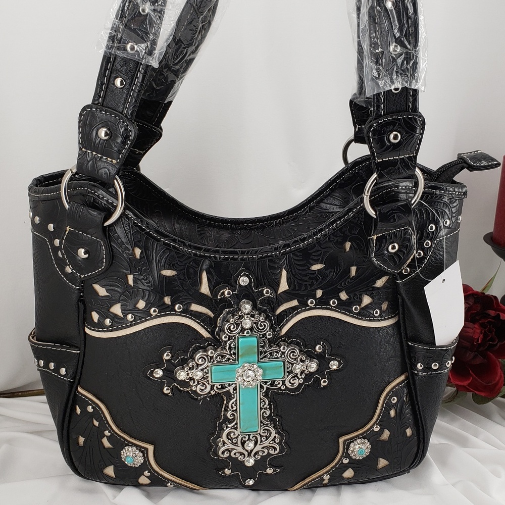 Lg  Handbag with Turquoise  Cross with Rhinestones - Picture 2 of 5